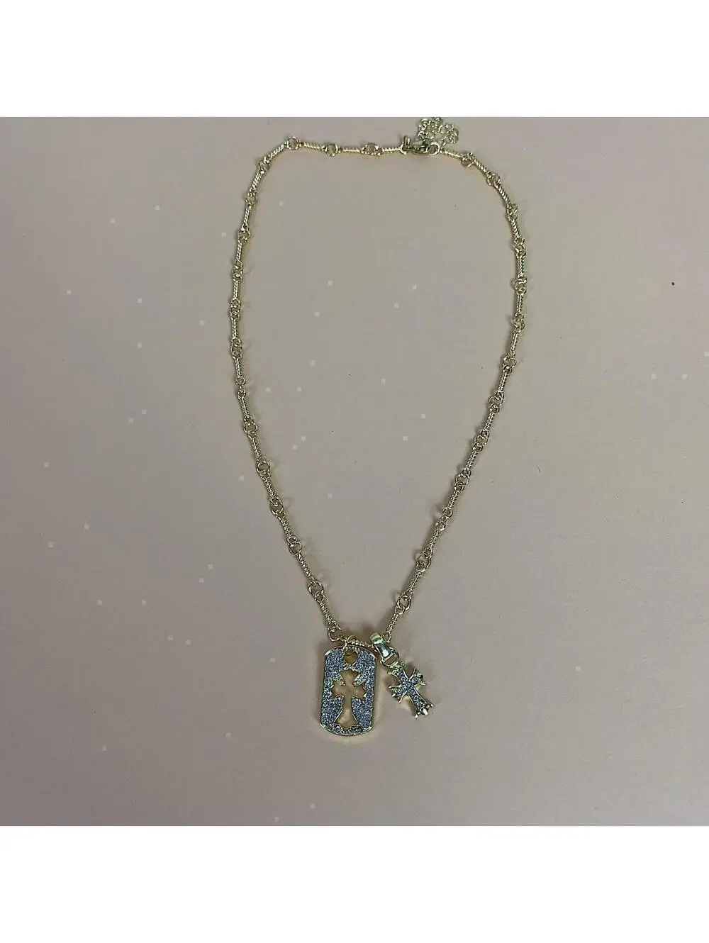 y2k 2000s style grunge gold chrome rhinestone cross dog tag style pendant